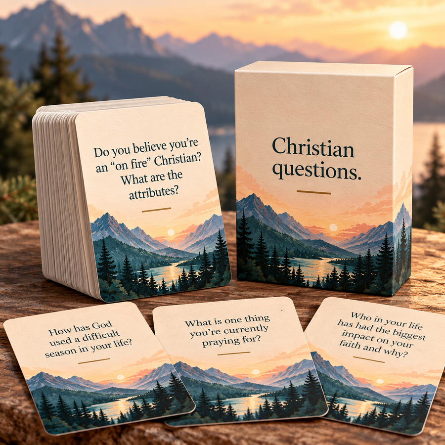 Question cards and box on a wooden table