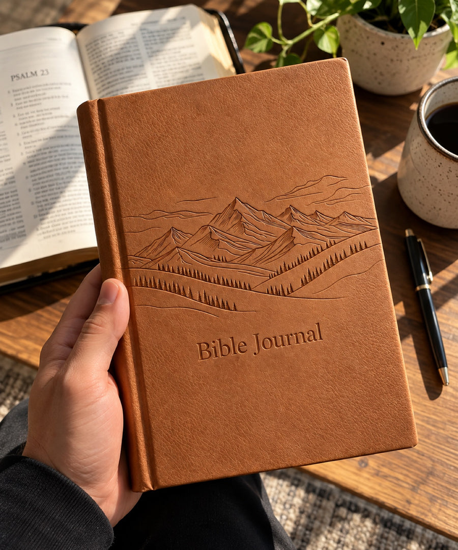 Hand holding the Bible Journal beside an open Bible