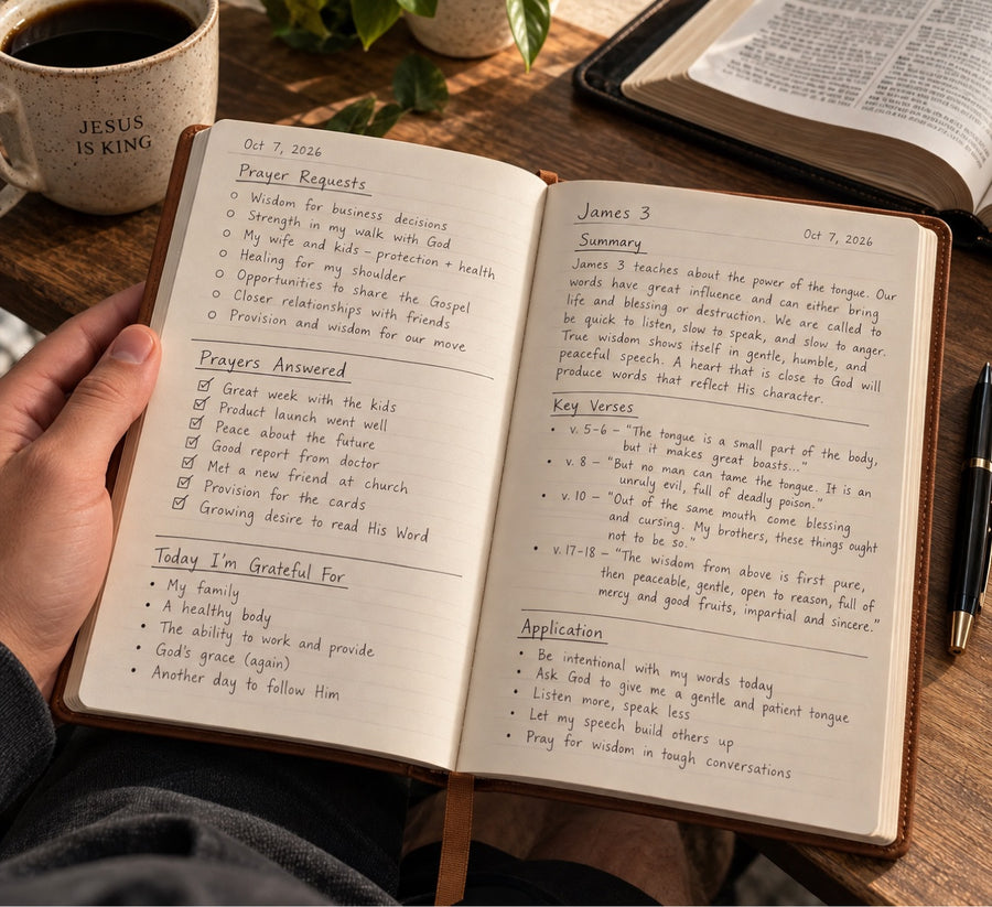 Open Bible Journal showing prayer lists and Bible study notes
