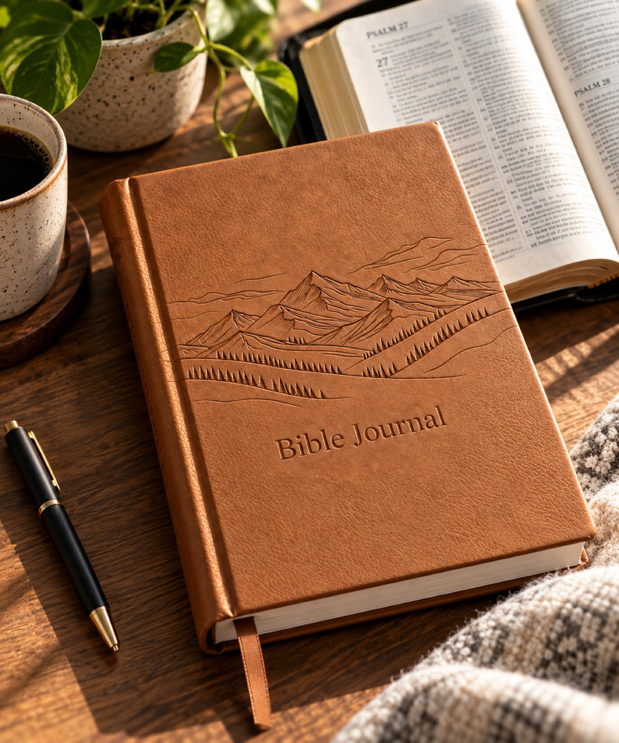 Bible Journal with pen, coffee, and open Bible on wooden table