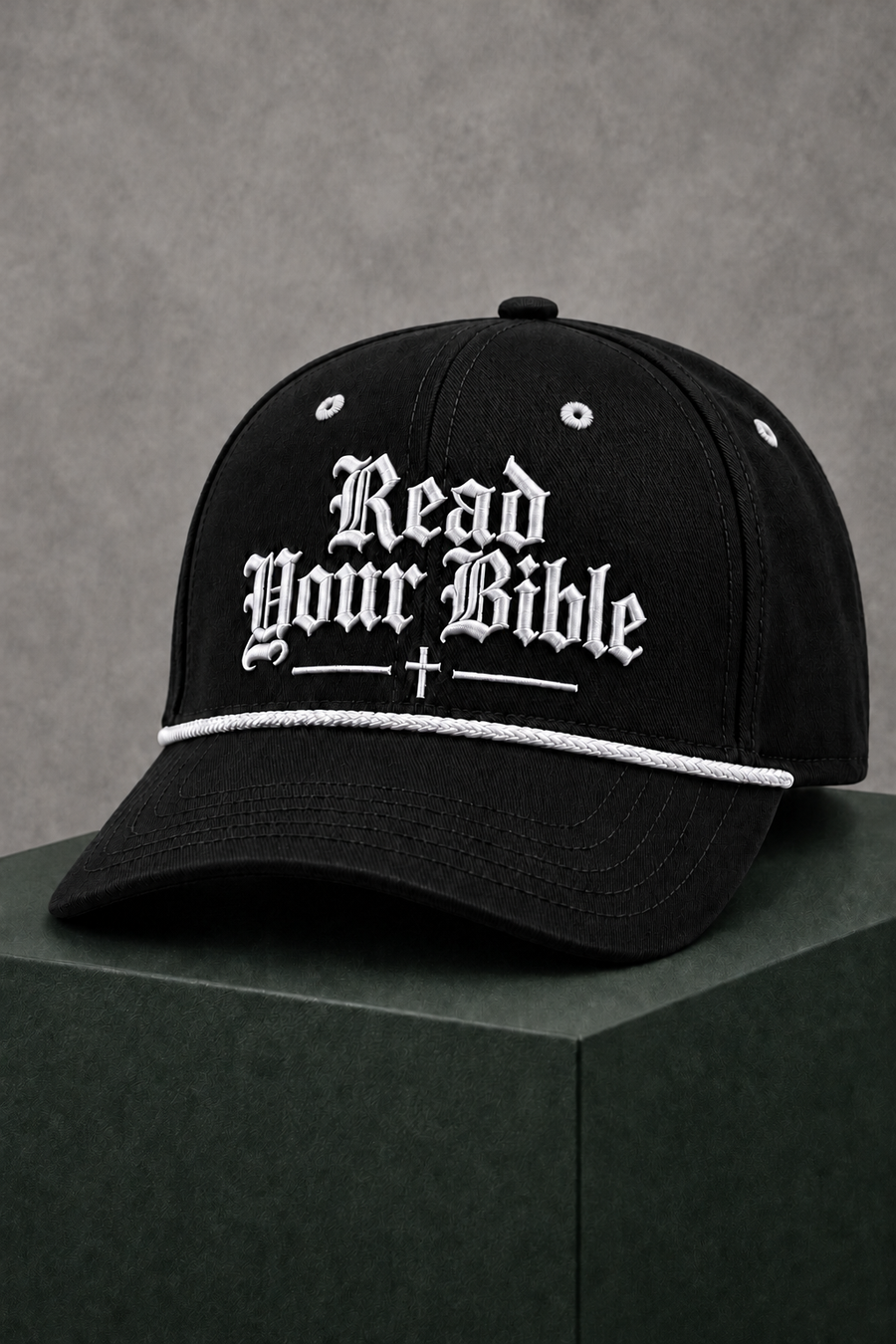Read Your Bible rope hat — black with white stitch embroidery