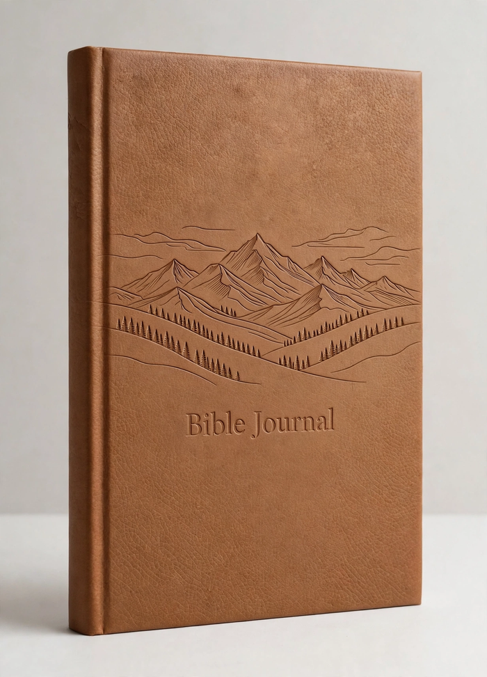 Bible Journal, tan leather with engraved mountain design